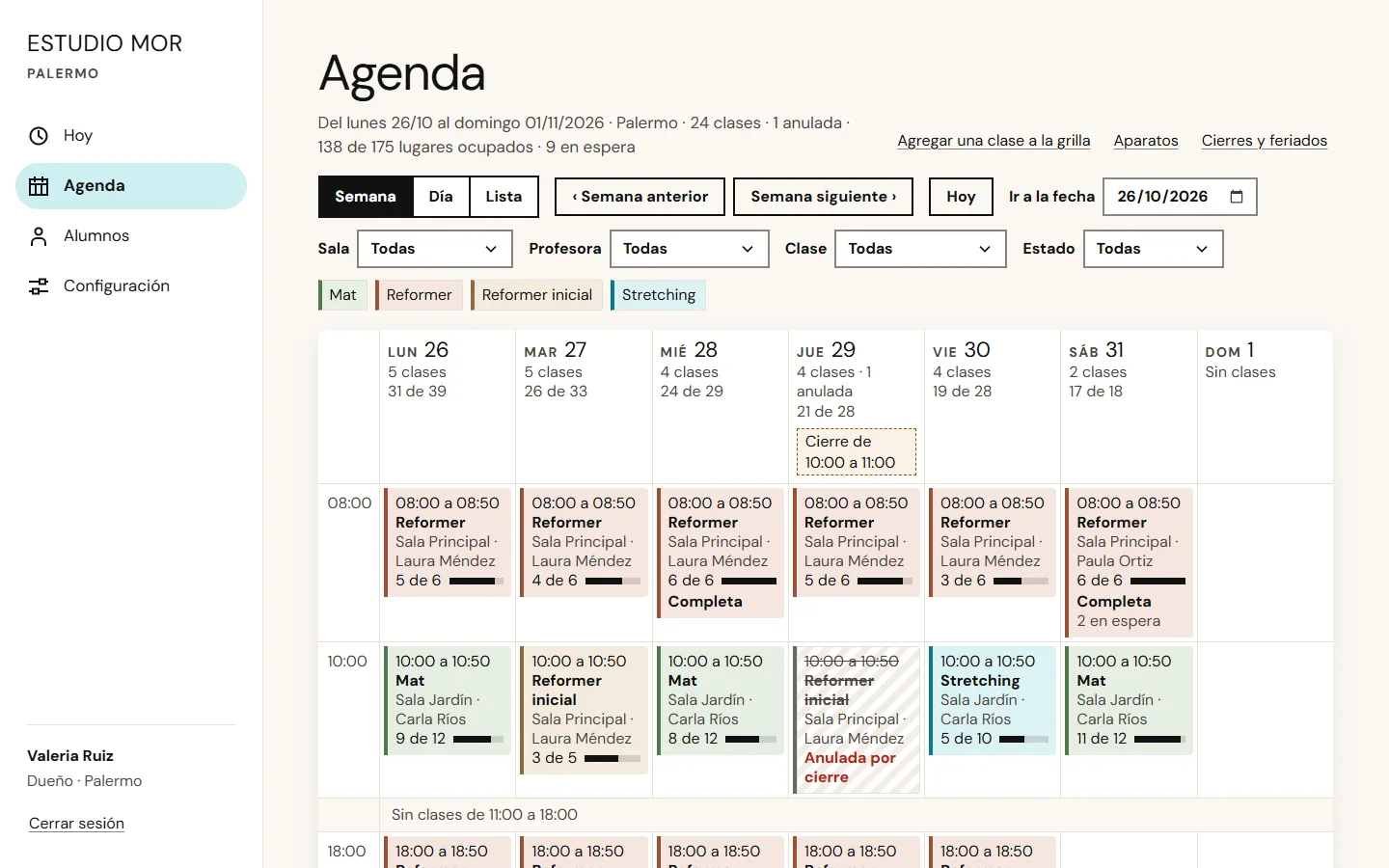 Agenda del panel de Mor Planner: cada clase con su horario, sala, profesora y lugares ocupados, como 5 de 6, y las clases completas con su lista de espera