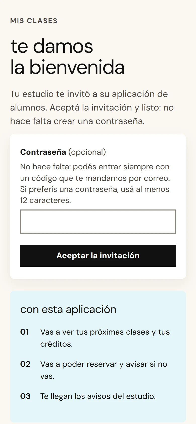 Bienvenida de la app de alumnos en el celular: se acepta la invitación del estudio sin crear contraseña